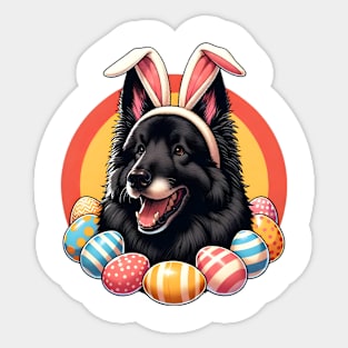 Belgian Sheepdog Adorns Bunny Ears for Easter Fun Sticker